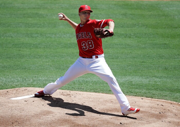Los Angeles Angels relief pitcher Troy Scribner throws against the Baltimore Orioles during the first inning of a baseball game, Wednesday, Aug. 9, 2017, in Anaheim, Calif. (AP Photo/Jae C. Hong)