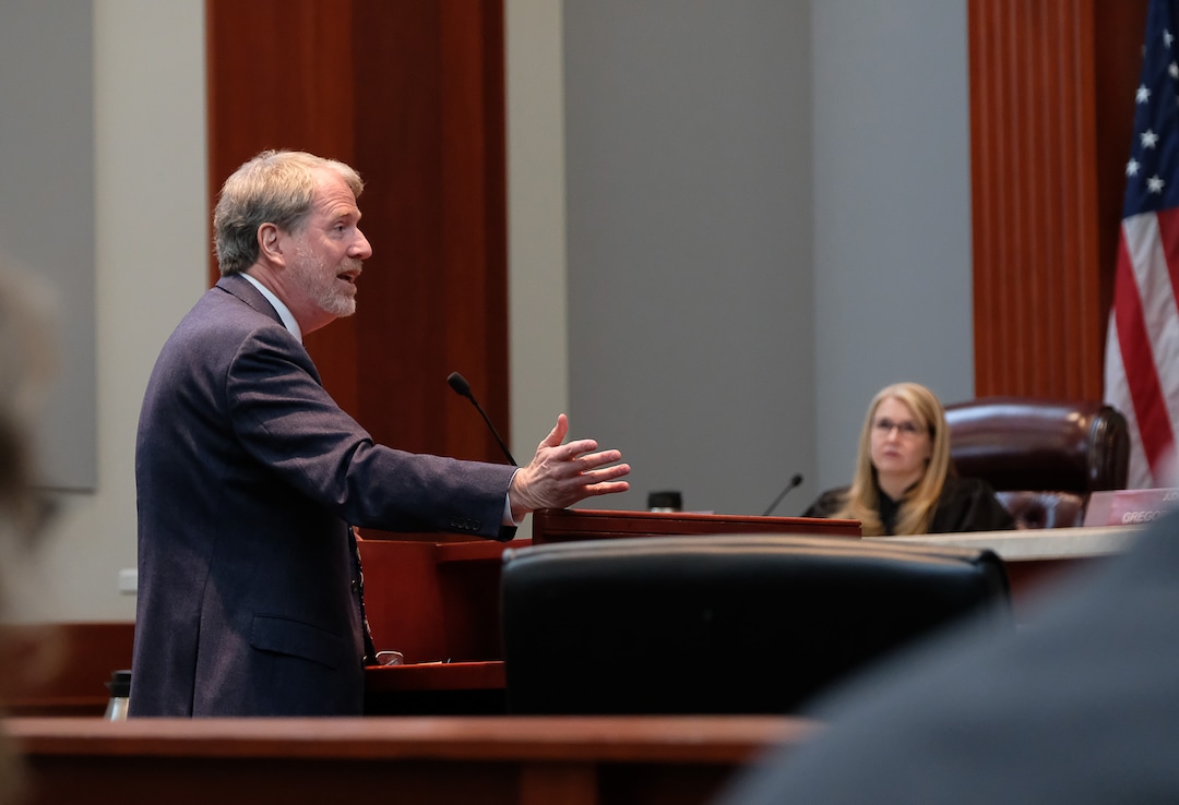 (Francisco Kjolseth  |  The Salt Lake Tribune)  Salt Lake Tribune attorney Michael O'Brien speaks with the Utah Supreme Court as it hears the appeal filed by BYU lawyers in 2018 after a 3rd District judge ruled that the private universityÕs police force is a governmental entity that has to follow the same rules for transparency as other police departments across the state on Friday, Oct. 4, 2019. The Salt Lake Tribune's lawsuit involved whether BYU police should be subject to Utah's open records laws.