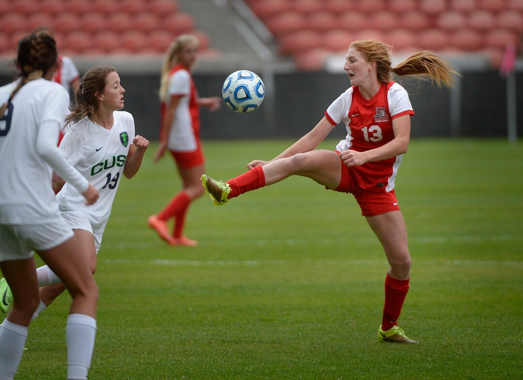 (Scott Sommerdorf   |  The Salt Lake Tribune)   American Fork's Rachel McCarthy during second half play. American Fork beat Syracuse 3-1 to win the 6A championship game played at Rio Tinto, Friday, October 20, 2017. 
