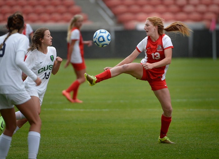 (Scott Sommerdorf   |  The Salt Lake Tribune)   American Fork's Rachel McCarthy during second half play. American Fork beat Syracuse 3-1 to win the 6A championship game played at Rio Tinto, Friday, October 20, 2017. 