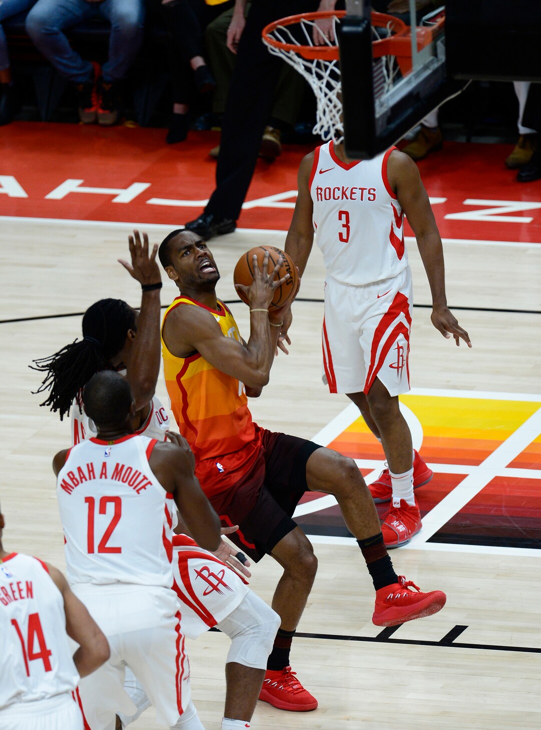 (Scott Sommerdorf | The Salt Lake Tribune)Utah Jazz guard Dante Exum (11) drives during second half play. The Houston Rockets beat the Utah Jazz 113-92 in game 3 of their playoff series, Friday, May 4, 2018.