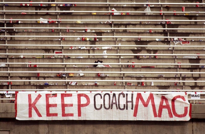 (Trent Nelson  |  Tribune file photo)  After the game, the sentiments, of wanting to keep coach Ron McBride, from some Utah fans, and some trash on Saturday November 23, 2002 at Rice-Eccles Stadium. Utah won 13-6.