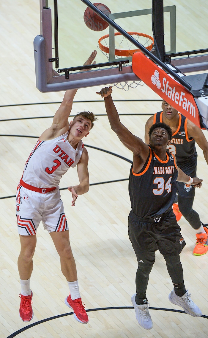 (Leah Hogsten  |  The Salt Lake Tribune) Utah Utes guard Pelle Larsson (3) had 14 points during the Utes NCAA basketball matchup against Idaho State, Tuesday, Dec. 8, 2020 at the Jon M. Huntsman Center. Utes defeated Idaho State 75-59.