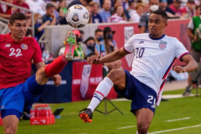 (Trent Nelson  |  The Salt Lake Tribune) Costa Rica defender Ronald Matarrita andUnited States defender Reggie Cannon as the U.S. Men’s National Team (USMNT) faces Costa Rica in a friendly at Rio Tinto Stadium in Sandy on Wednesday, June 9, 2021.