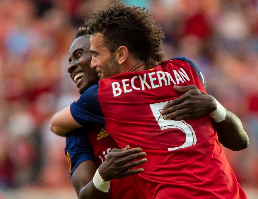 (Rick Egan  |  The Salt Lake Tribune)  Salt Lake midfielder Kyle Beckerman (5) congratulate forward Sam Johnson (50) after Johnson scored a goal for Salt Lake, in MLS soccer action between Real Salt Lake and Sporting Kansas City, in Sandy, Saturday, June 29, 2019.