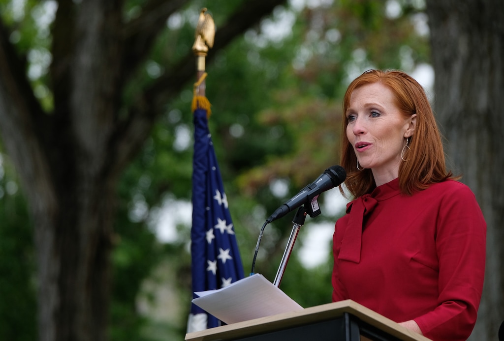 (Francisco Kjolseth | Salt Lake Tribune file photo) Jennie Taylor speaks in honor of those who serve in the military, including her late husband, Maj. Brent Taylor, the former mayor of North Ogden and a major in the Utah National Guard, who was killed in Afghanistan in 2018, during a ceremony at Fort Douglas Cemetery on Monday, May 27, 2019.