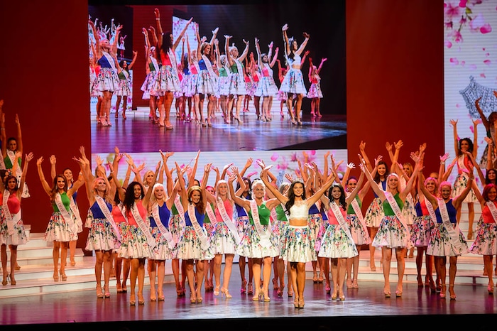 (Trent Nelson | The Salt Lake Tribune)
Contestants perform in the opening number at the Miss Utah pageant in Salt Lake City, Wednesday June 13, 2018.