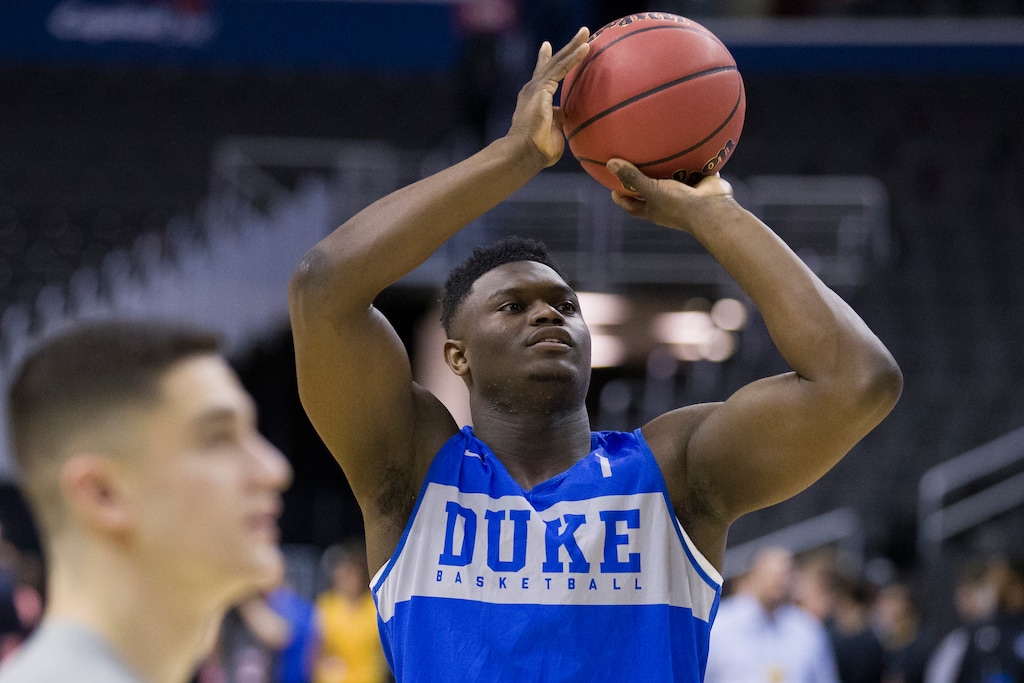 Duke forward Zion Williamson shoots during an NCAA men's college basketball practice in Washington, Thursday, March 28, 2019. Duke plays Virginia Tech in an East Regional semifinal game on Friday. (AP Photo/Alex Brandon)