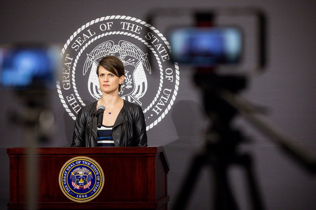 (Ivy Ceballo  |  Deseret News/pool) Dr. Angela Dunn, state epidemiologist with the Utah Department of Health, listens to questions asked remotely during a daily COVID-19 media briefing at the Capitol in Salt Lake City on Monday, May 11, 2020. 