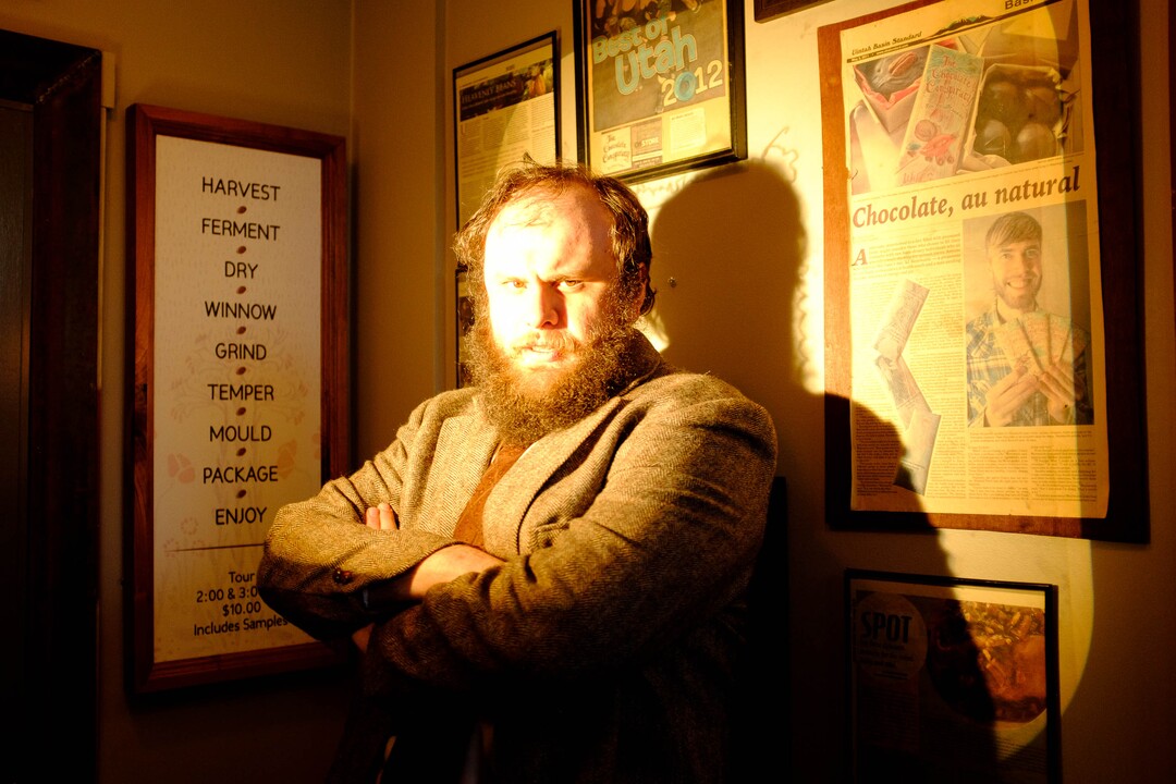 (Trent Nelson  |  The Salt Lake Tribune) Rick Curtiss in "Thank You Theobromine," an interactive production that takes place inside a Salt Lake City chocolate factory on Sunday Nov. 17, 2019. For the 90-minute show — Produced by SONDERImmersive — the audience moves in and out of different rooms learning about the life and creative mind of a chocolatier through dance and theater. (The audience gets chocolate, too.)