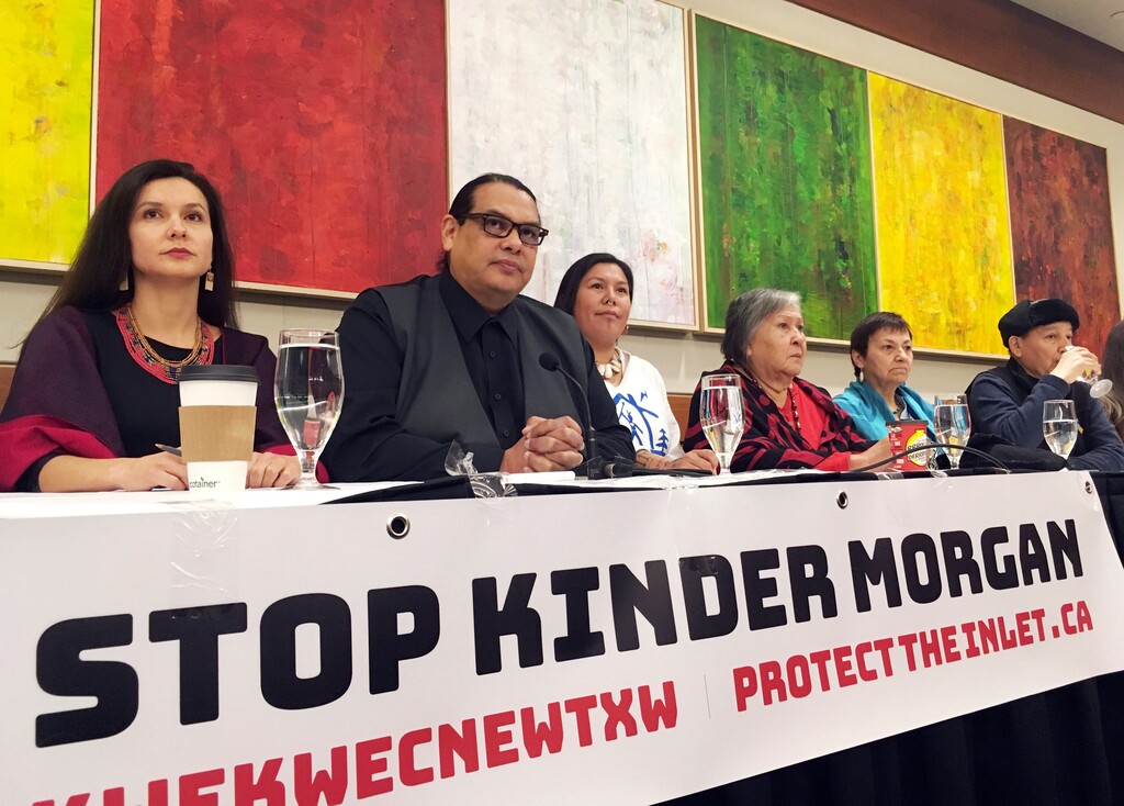 (Phuong Le | AP) Indigenous leaders speak at a news conference in Vancouver, British Columbia, Canada, on Friday, March 9, 2018, prior to a planned protest over a pipeline expansion project that would pump oil from Canada's tar sands to the Pacific Coast. Thousands are expected to march Saturday in the Metro Vancouver area.