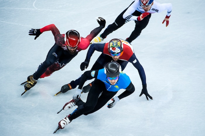 (Chris Detrick  |  The Salt Lake Tribune)  Denis Nikisha of Kazakhstan Daan Breeuwsma of the Netherlands Charles Hamelin of Canada and Dylan Hoogerwerf of the Netherlands race during the Men's 500m Short Track Speed Skating at Gangneung Ice Arena Pyeongchang 2018 Winter Olympics Tuesday, Feb. 20, 2018. 