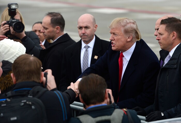 (Scott Sommerdorf   |  The Salt Lake Tribune)   President Trump visits with a crowd of admirers after he arrived in Salt Lake City, Monday, December 4, 2017.  