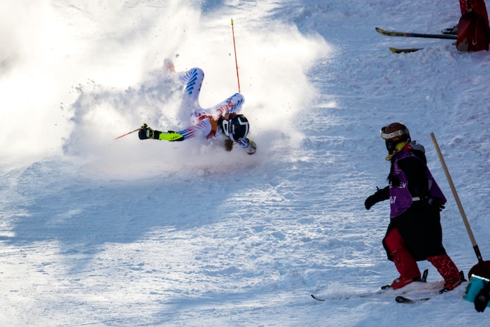 (Chris Detrick  |  The Salt Lake Tribune)  USA's Patricia Mangan crashes while competing in the Ladies' Giant Slalom at Yongpyong Alpine Centre during the Pyeongchang 2018 Winter Olympics Thursday, Feb. 15, 2018.  