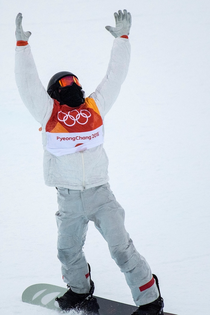 (Chris Detrick  |  The Salt Lake Tribune)  Shaun White reacts after winning gold on his run during the men's halfpipe finals at Phoenix Snow Park during the Pyeongchang 2018 Winter Olympics Wednesday, Feb. 14, 2018.  White won the event with a 97.75, his third Olympic gold medal in the halfpipe (2006, 2010, 2018).