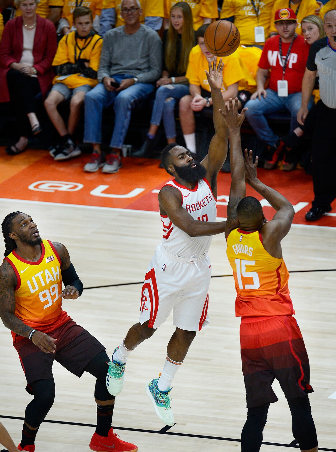 (Scott Sommerdorf | The Salt Lake Tribune)Houston Rockets guard James Harden (13) drives in for an easy shot during first half play. The Houston Rockets led the Utah Jazz 70-40 at the half of game 3, Friday, May 4, 2018.