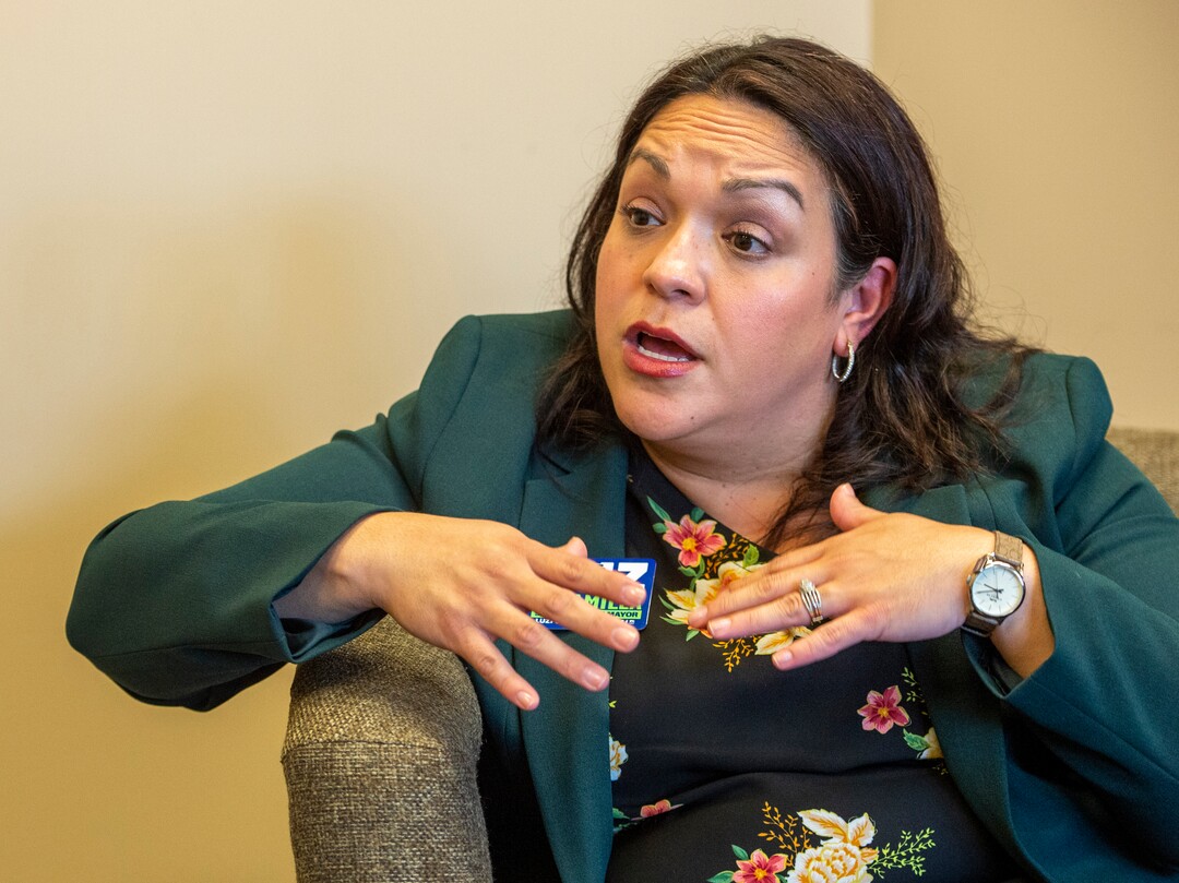 (Rick Egan  |  The Salt Lake Tribune)    Salt Lake City Mayoral candidate, Luz Escamilla talks about the challenges she has faced as as a Utah State Senator, in her campaign headquarters, Monday, Sept. 30, 2019.