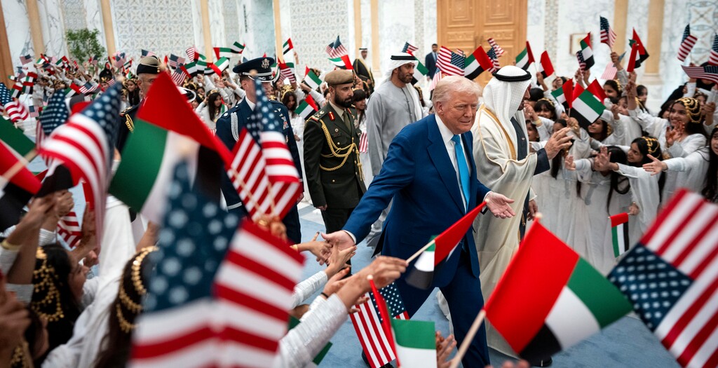 (Doug Mills | The New York Times) President Donald Trump is greeted by well-wishers are he arrives at Qasr Al Watan, the presidential palace, alongside President Mohammed bin Zayed Al Nahyan of the United Arab Emirates during his visit to Abu Dhabi on Thursday, May 15, 2025.