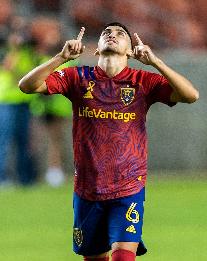 (Rick Egan  |  The Salt Lake Tribune)    Real Salt Lake midfielder Pablo Ruiz (6) celebrates game-tying goal late in the second period, MLS soccer action between Real Salt Lake and the Seattle Sounders, at Rio Tinto Stadium, Wednesday, Sept. 2, 2020.