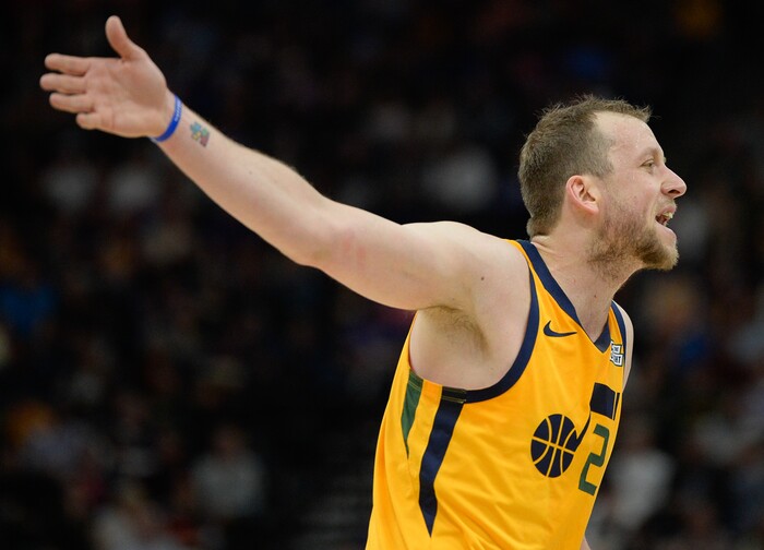 (Francisco Kjolseth  |  The Salt Lake Tribune)  Utah Jazz forward Joe Ingles (2) argues a call as the Utah Jazz host the Philadelphia 76ers in their NBA basketball game at Vivint Smart Home Arena in Salt Lake City on Wednesday, Nov. 6, 2019.