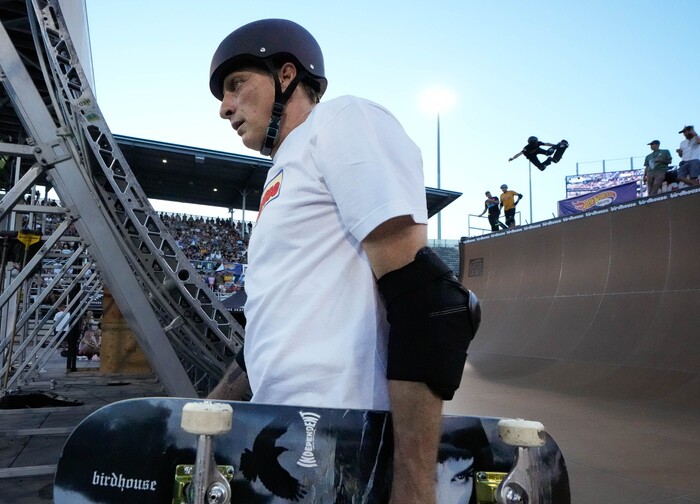 (Francisco Kjolseth | The Salt Lake Tribune) Iconic skateboarder Tony Hawk exits the ramp following a round to skate in public for the first, and possibly last, time since breaking his femur in March during the “Legends Demo” at his Tony Hawk Vert Alert big-air skateboarding competition at the Utah Sate Fairpark on Friday, Aug. 26, 2022. 