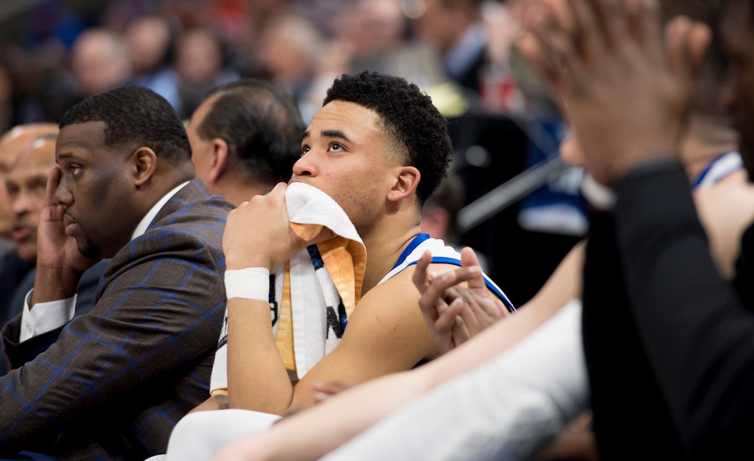 (Leah Hogsten  | The Salt Lake Tribune)  The Kansas bench reacts as they lose to Auburn in the second round of the NCAA tournament in Salt Lake City on Saturday, March 23, 2019.