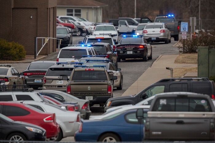 Emergency crews respond to Marshall County High School after a fatal school shooting Tuesday, Jan. 23, 2018, in Benton, Ky. Authorities said a shooting suspect was in custody. (Ryan Hermens/The Paducah Sun via AP)