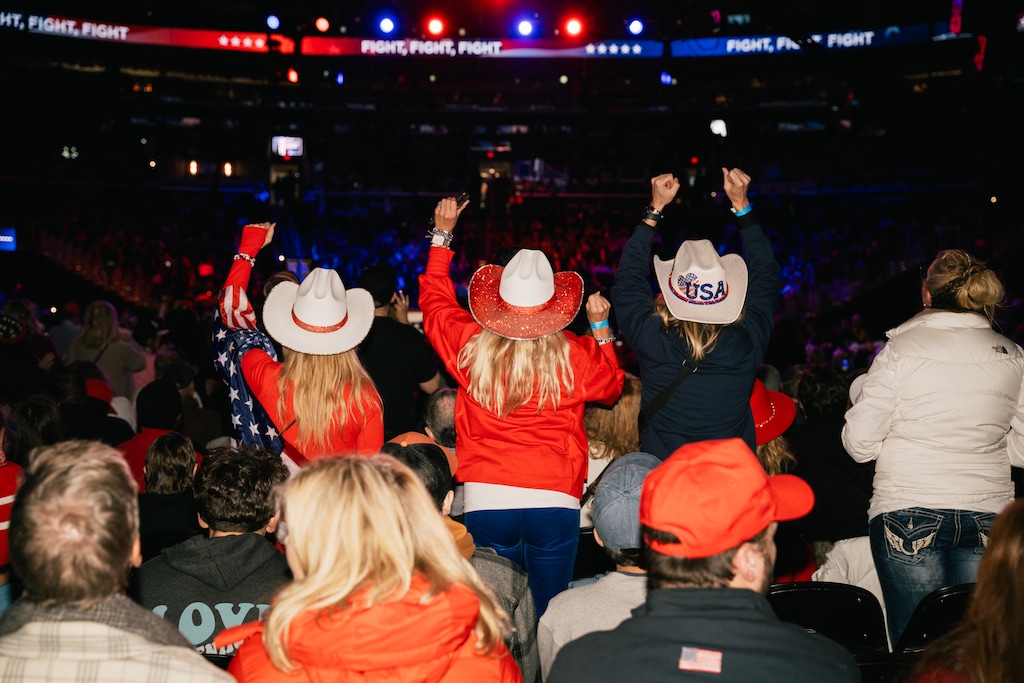 Attendees during a rally for President-elect Donald Trump at Capitol One Arena in Washington on Sunday, Jan. 19, 2025, the day before Trump's inauguration. (Paola Chapdelaine/The New York Times)
