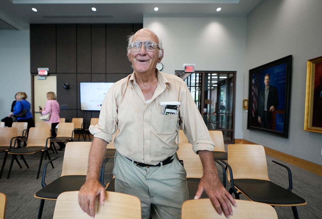 (Francisco Kjolseth | The Salt Lake Tribune) George Zinn — seen here at a 2023 Sutherland Institute event that featured U.S. Sen. Mike Lee — has been charged with multiple counts of sexual exploitation of a minor, after he was arrested in the aftermath of Charlie Kirk's assassination at the Utah Valley University campus on Sept. 10, 2025. 