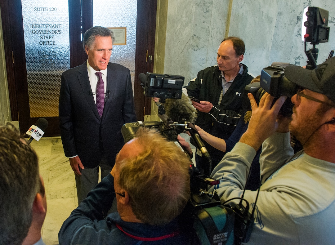 (Rick Egan | The Salt Lake Tribune) Mitt Romney speaks with media after he filed paperwork to run for U.S. Senate at the Lt. Gov.'s office at the State Capitol, Thursday, March 15, 2018.
