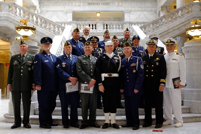 (Trent Nelson | The Salt Lake Tribune)  
A group of veterans gather for a photograph after the Commemoration of WW1 Armistice 100th Anniversary, in Salt Lake City on Thursday Nov. 8, 2018.