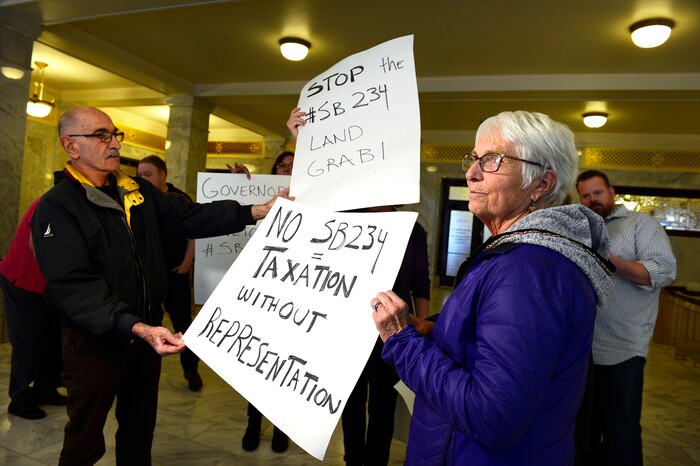 Scott Sommerdorf | The Salt Lake Tribune
Opponents of SB234, gather outside of Governor Gary Herbert's office over the issue of the inland port, Thursday, March 14, 2018.