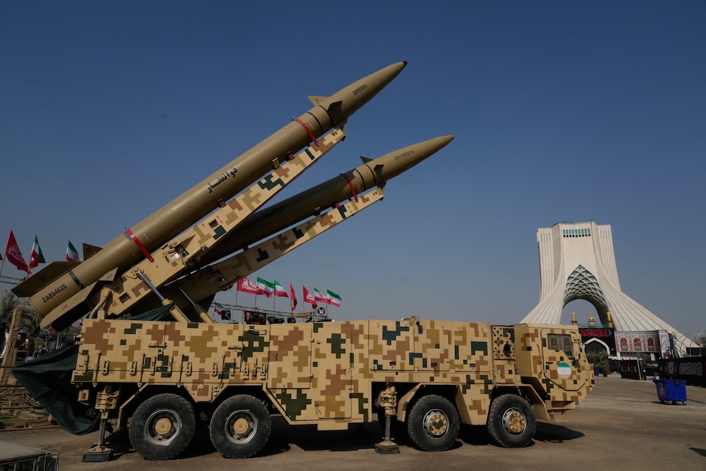 Iranian domestically-built Zolfaghar, top, and Zolfaghar Bassir missiles are displayed by the armed forces in a temporary exhibition in front of the Azadi (Freedom) monument in Tehran, Iran, Wednesday, July 29, 2026. (AP Photo/Vahid Salemi)