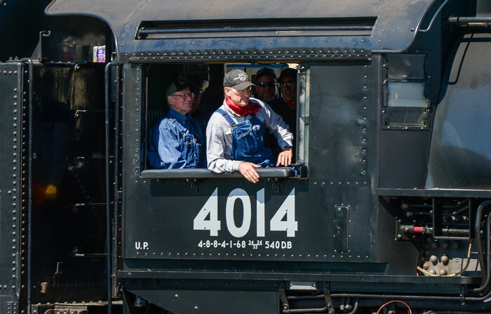 Leah Hogsten  |  The Salt Lake Tribune  Ed Dickins with Big Boy No. 4014 and the crew arrive in Ogden on Thursday.  In celebration for the 150th anniversary of the transcontinental railroadÕs completion, Union Pacific's iconic steam locomotives, Living Legend No. 844 and Big Boy No. 4014 met at Ogden Union Station, May 9, 2019. 