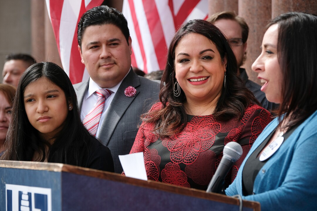 (Francisco Kjolseth  |  The Salt Lake Tribune)  Salt Lake City Sen. Luz Escamilla, center right, is introduced by Rep. Angela Romero, D-Salt Lake, as she launches her official campaign for city mayor from the steps of the Salt Lake City and County building on Tuesday, March 26, 2019. As the city grows and becomes more diverse, Escamilla says she would represent a number of overlooked communities, including the Latino population and the cityÕs west side. If elected, she would likely be the first ethnic minority mayor of Salt Lake City and would be only the third woman to hold the position.