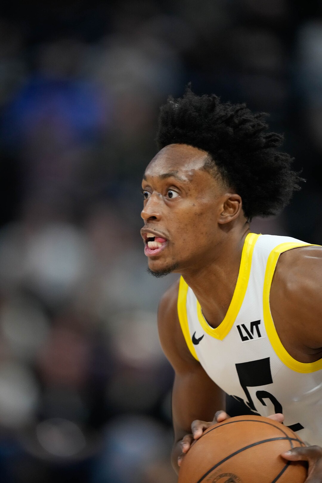 (Francisco Kjolseth  |  The Salt Lake Tribune) Utah Jazz guard Collin Sexton (2) keeps his intensity up as the Utah Jazz host the Cleveland Cavaliers in NBA action at the Delta Center in Salt Lake City on Tuesday, April 2, 2024.