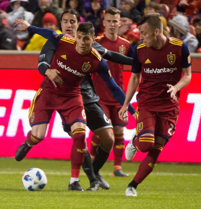 (Rick Egan  |  The Salt Lake Tribune)      Vancouver Whitecaps defender Efrain Juarez (6) tries to slow down Real Salt Lake, in MLS action between Real Salt Lake and Vancouver Whitecaps, at Rio Tinto Stadium beSaturday, April 7, 2018.


