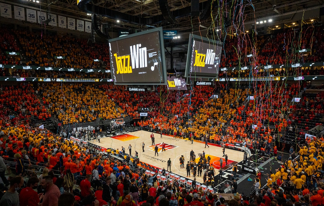 (Rick Egan | The Salt Lake Tribune) Utah Jazz fans celebrate at the buzzer, as the Jazz defeated the Memphis Grizzlies 141-129, in game 2 of the NBA Playoffs at Vivint Arena, on Wednesday, May 26, 2021.