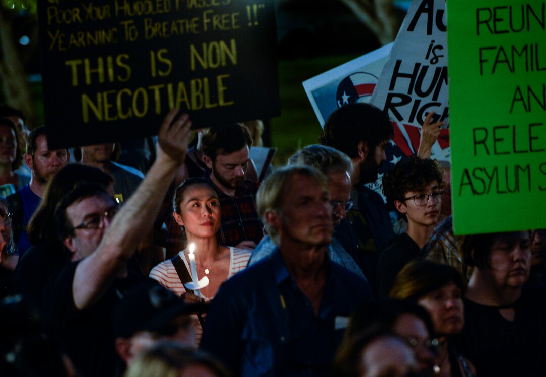 (Leah Hogsten  |  The Salt Lake Tribune) Over 150 people attended Lights for Liberty: A Vigil to End Human Detention Camps at Washington Square, July 12, 2019 to protest the inhumane conditions faced by refugees.