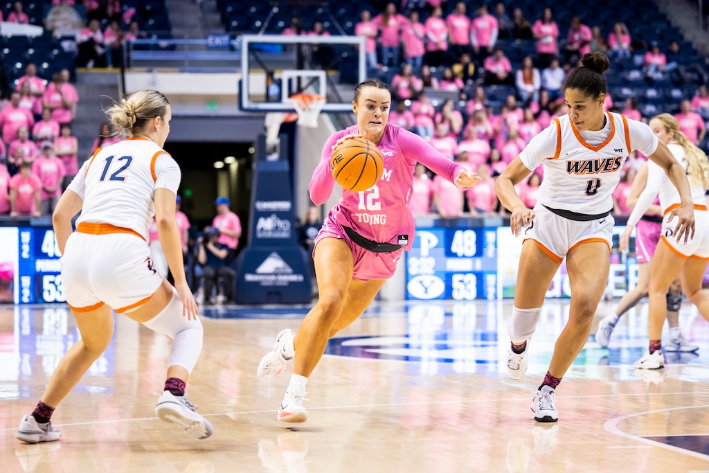 (BYU Athletics) BYU forward Lauren Gustin drives the lane against the Pepperdine Waves on Feb. 9, 2023, at the Marriott Center in Provo, Utah.