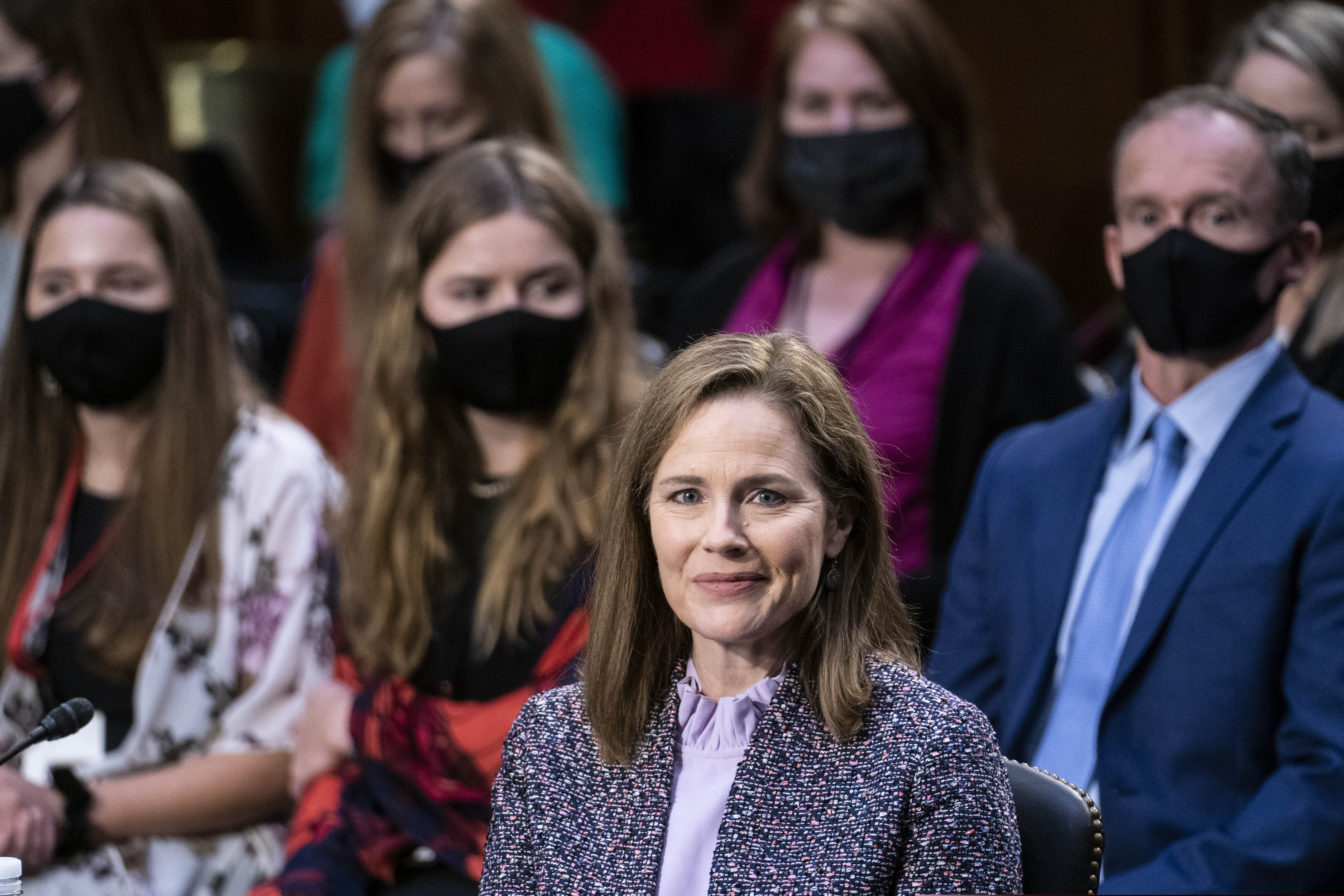 Supreme Court nominee Amy Coney Barrett testifies during the third day of her confirmation hearings before the Senate Judiciary Committee on Capitol Hill in Washington, Wednesday, Oct. 14, 2020. (Sarah Silbiger/Pool via AP)