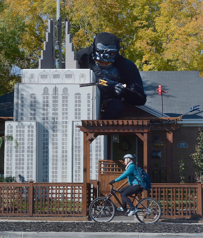 (Al Hartmann  |  The Salt Lake Tribune) 	
Ammon Smith has outdone himself again this Halloween season dressing up his home along 900 East in Sugarhouse.   He's done something wild and scary in his yard for the past five years.  This year it's King Kong.