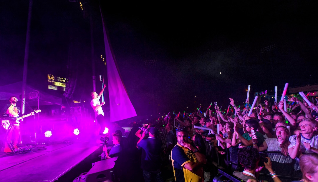 (Rick Egan  |  The Salt Lake Tribune) Imagine Dragons perform at the LoveLoud Festival at Brent Brown Ballpark at UVU campus, Saturday, August 26, 2017.
