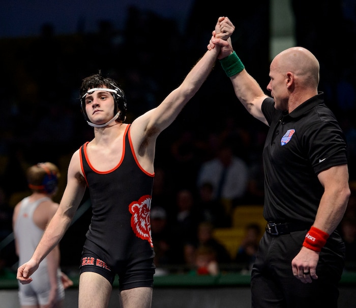 (Steve Griffin  |  The Salt Lake Tribune) Zack Bingham, of Bear River, defeated River Wardle, of Herriman, during the Utah All-Star Duals wrestling at Utah Valley University's UCCU Center in Orem Tuesday January 9, 2018.
