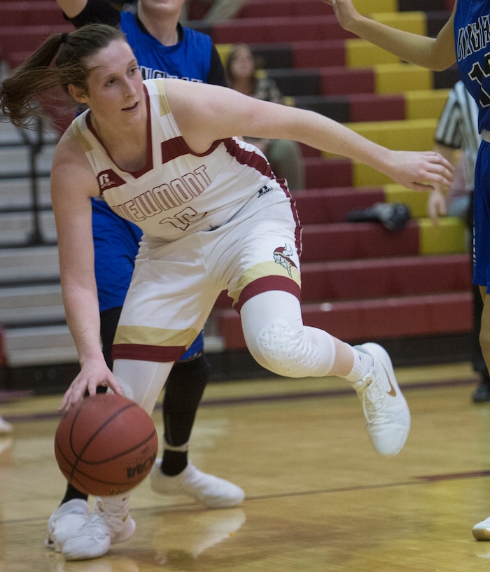 (Rick Egan  |  The Salt Lake Tribune)    Mercedes Staples (12) Viewmont, dribbles through traffic, in prep basketball action, Bingham vs. Viewmont, in Bountiful, Wednesday, January 3, 2018.