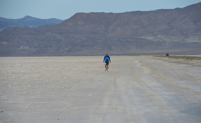 (Scott Sommerdorf | The Salt Lake Tribune)
Alex Doolan walks the last mile of the Salt Flats 100 Endurance Run, Saturday, May 5, 2018.
