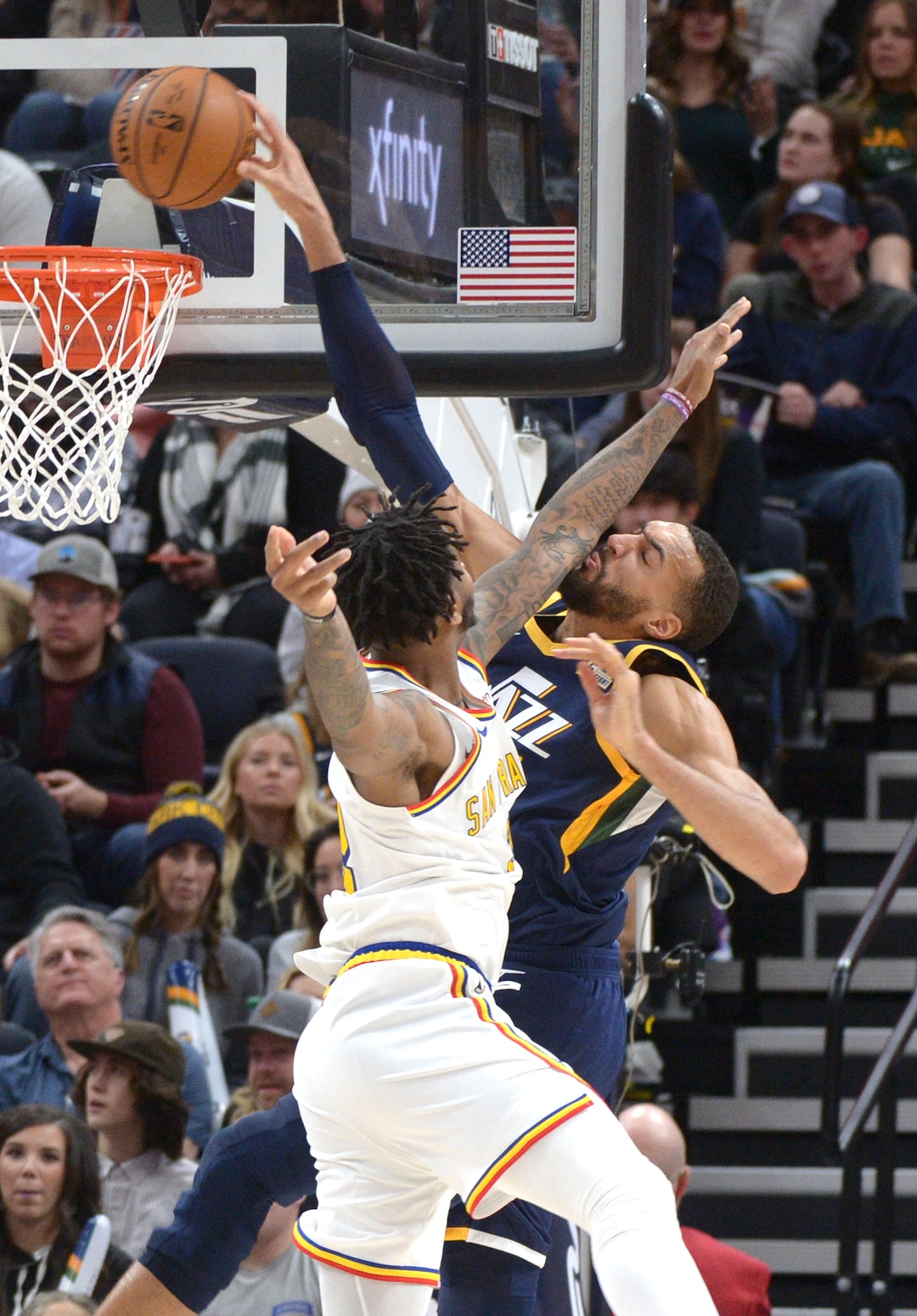 (Leah Hogsten  |  The Salt Lake Tribune) Utah Jazz center Rudy Gobert (27) for two as the Utah Jazz defeated the Golden State Warriors, 114-106, Dec. 13, 2019 at Vivint Arena.