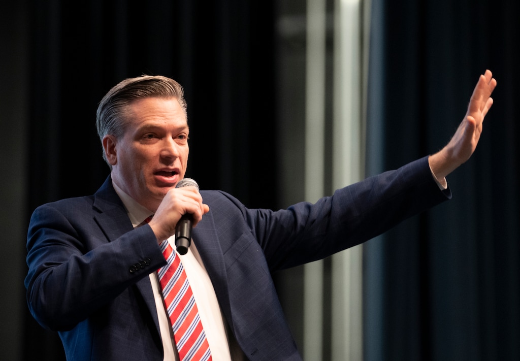 (Rick Egan | The Salt Lake Tribune) Marlo Oaks, state treasurer, says a few words, as the Davis County Republicans hold their nominating convention at Farmington High School, on Saturday, March 26, 2022.