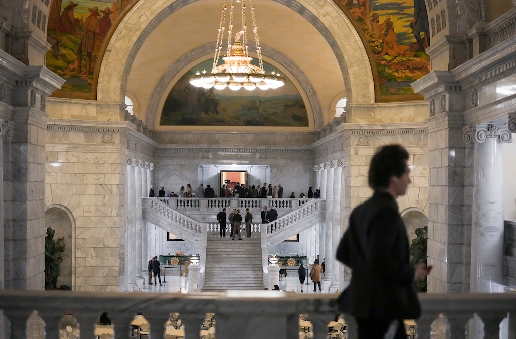 (Bethany Baker  |  The Salt Lake Tribune) People gather outside the House of Representatives on the last day of the legislative session at the Utah Capitol in Salt Lake City on Friday, March 7, 2025.