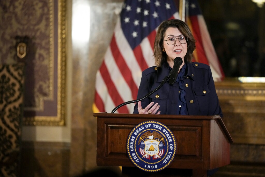 (Bethany Baker  |  The Salt Lake Tribune) Lt. Gov. Deidre Henderson answers questions during a press conference on the last day of the legislative session at the Utah Capitol in Salt Lake City on Friday, March 7, 2025.
